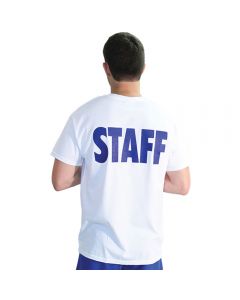 Back of the Staff T-Shirt in White With Blue Print