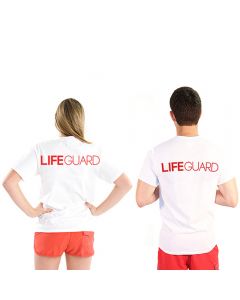Back of the Bold Narrow Lifeguard T-Shirt in White With Red Print Worn By Two People