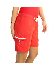 Side of Lifeguard Surfies™ with Small Quik™ Drain Velcro® Side Pocket in Lifeguard Red with White