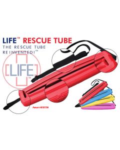 LIFE™ Rescue Tube in Lifeguard Red with Black Strap with LIFE™ Logo and Blue, Yellow and Pink LIFE™ Tubes in Background