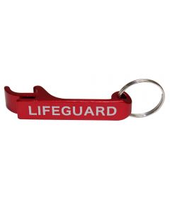 Top of the Lifeguard Bottle Opener Keychain in Red with White Print and Silver Ring Attached