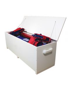 White 5 ft. Everondack Storage Box Without Wheels With Lid Open and Filled With Items