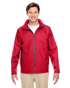 Front of Lifeguard Jacket with Fleece Lining in Lifeguard Red Worn