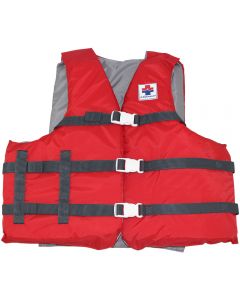 Front of the elifeguard.com® Adult General Purpose Vest in Red with Gray Interior and Black Straps with White Buckles