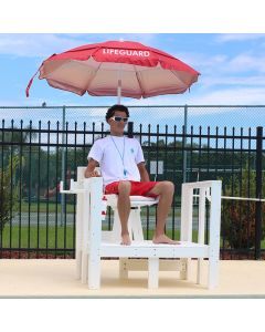 Lifeguard Sitting in White LG 740 - Everondack® Lifeguard Platform Chair with Red Lifeguard Umbrella with White Print