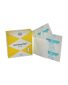 Certi-Gauze Pads with Yellow and White Box and White with Blue Print Packages