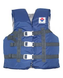 Front of the elifeguard.com® Youth Boating Vest in Blue with Gray Interior with Navy Straps with White Buckles