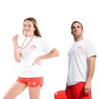 2 People Wearing White Lifeguard T-shirts w/ Red Lifeguard Logo & One Holding a Red Whistle & Lanyard from the Pro Guard Pak™