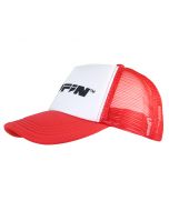 Side of Red KNIFiN® Trucker Cap with Black Logo