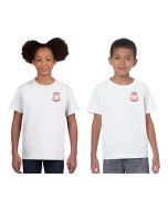 Front of the Short Sleeve Junior Lifeguard T-Shirt in White With Red Lifeguard Logo Worn