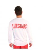 Back of Lifeguard Long Sleeve T-Shirt in White with LIFEGUARD Printed in Red Worn