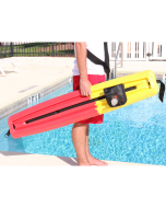 LIFE™ Max Rescue Tube in Lifeguard Red and Yellow with Black Strap Held next to Pool