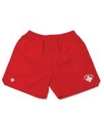 Front of Lifeguard Shorts in Lifeguard Red with White Lifeguard Logo