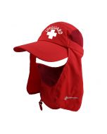 Front of the Red Multi-Function Lifeguard Sun Cap with White Lifeguard Logo