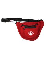 Front Of Red Lifeguard Hip Pack - 3 Pockets ("U" Shape) With White Lifeguard Logo And Black Strap