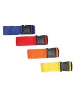 Front of the Blue, Red, Orange And Yellow Color Coded Backboard Straps With Black Buckles