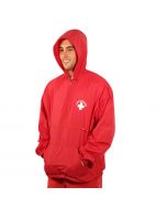 Front of the Lifeguard Pullover in Lifeguard Red with White Lifeguard Logo Worn
