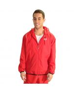 Front of the Lifeguard Wind Jacket in Lifeguard Red with White Lifeguard Logo Worn