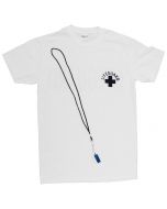 Front of the White Lifeguard T-shirt With Navy Lifeguard Logo w/ Navy Whistle & Lanyard from the Budget Guard Pak