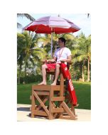 Lifeguard Sitting in MLG 640 Everondack® ProSeries™ Medium Lifeguard Chair in Cedar with Red Rescue Tube & Red Umbrella