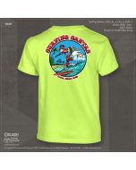 Back of Surfing Santa 2022 Youth's Short Sleeve Shirt in Neon Green