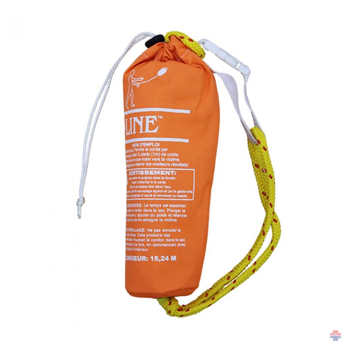 Orange and White LifeLine Throw Bag Facing Left With White Strap and Buckle and Yellow with Red Rope  